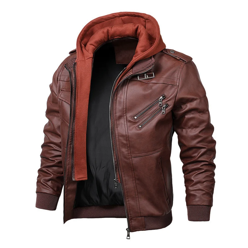 Herren Kunstleder-Bomberjacke mit Kapuzenlayer, Schulterpatten und Utility-Taschen Drune
