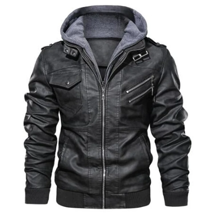 Herren Kunstleder-Bomberjacke mit Kapuzenlayer, Schulterpatten und Utility-Taschen Drune