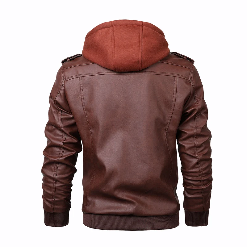 Herren Kunstleder-Bomberjacke mit Kapuzenlayer, Schulterpatten und Utility-Taschen Drune