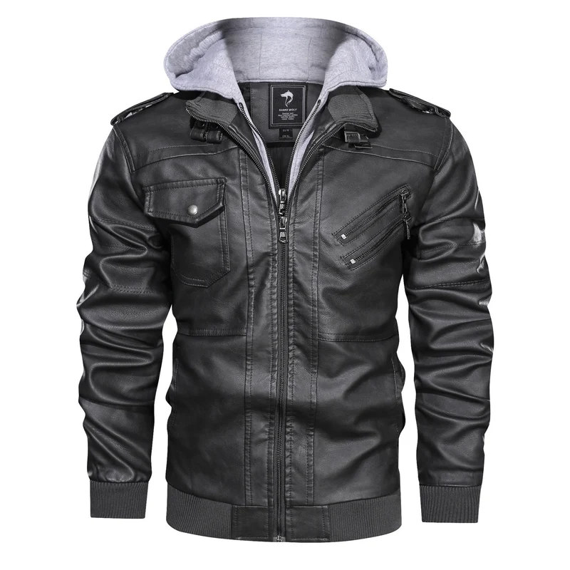 Herren Kunstleder-Bomberjacke mit Kapuzenlayer, Schulterpatten und Utility-Taschen Drune