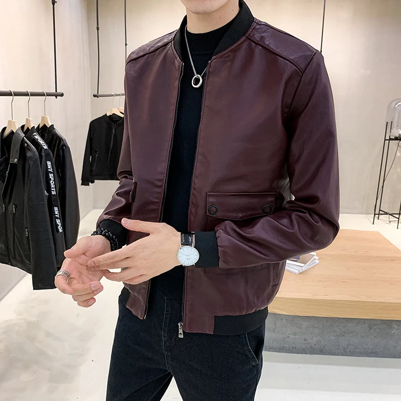 Herren Kunstleder-Bomberjacke im Aviator-Minimalstil mit Pattentaschen und Rippbündchen Drune