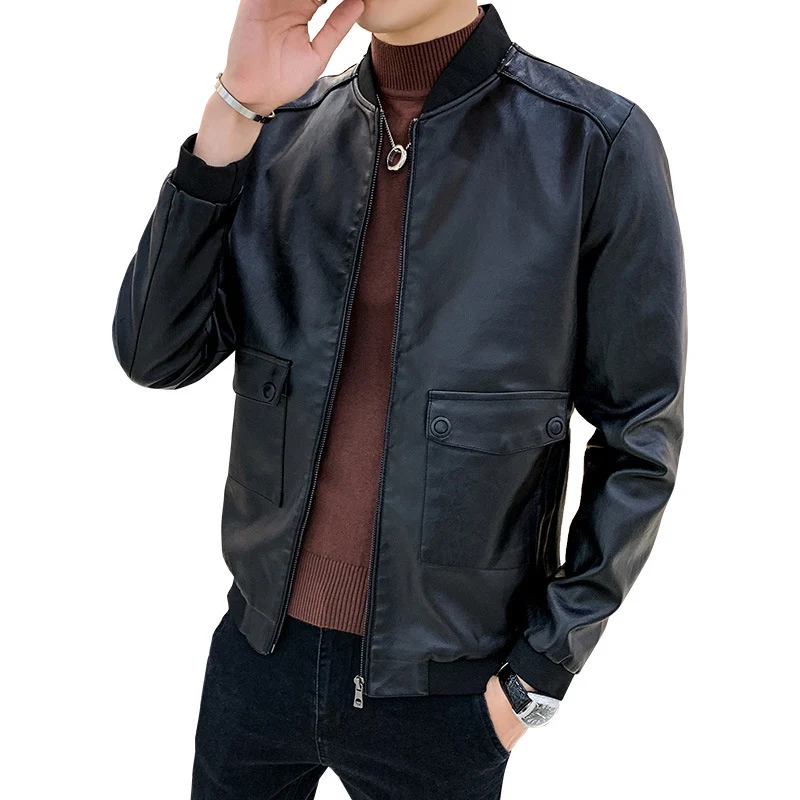 Herren Kunstleder-Bomberjacke im Aviator-Minimalstil mit Pattentaschen und Rippbündchen Drune