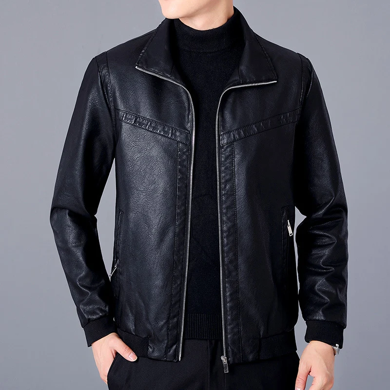 Herren Kunstleder-Bomberjacke im Aviator-Look mit Stehkragen und Reißverschluss Drune