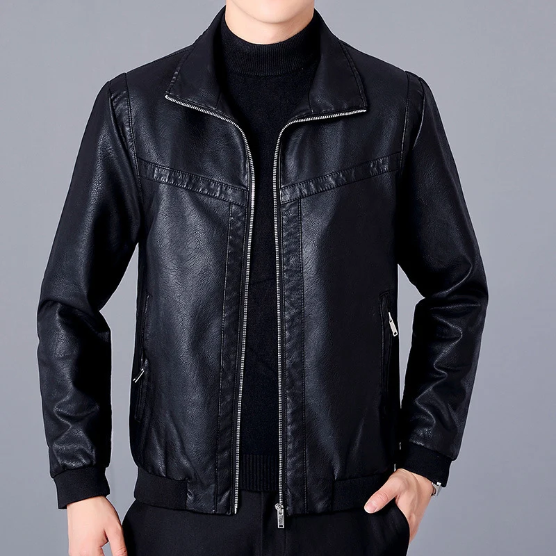 Herren Kunstleder-Bomberjacke im Aviator-Look mit Stehkragen und Reißverschluss Drune