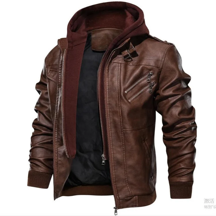 Herren Kunstleder-Bomberjacke im Aviator-Look mit Kapuzen-Innenfutter und schrägen Reißverschlusstaschen Drune