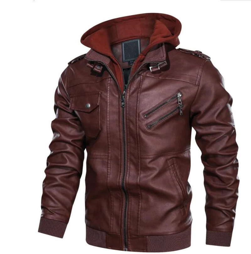 Herren Kunstleder-Bomberjacke im Aviator-Look mit Kapuzen-Innenfutter und schrägen Reißverschlusstaschen Drune