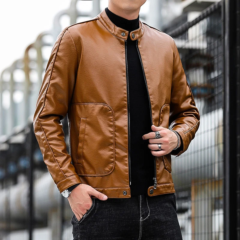 Herren Kunstleder-Blouson mit Stehkragen, Reißverschluss und aufgesetzten Pattentaschen Drune