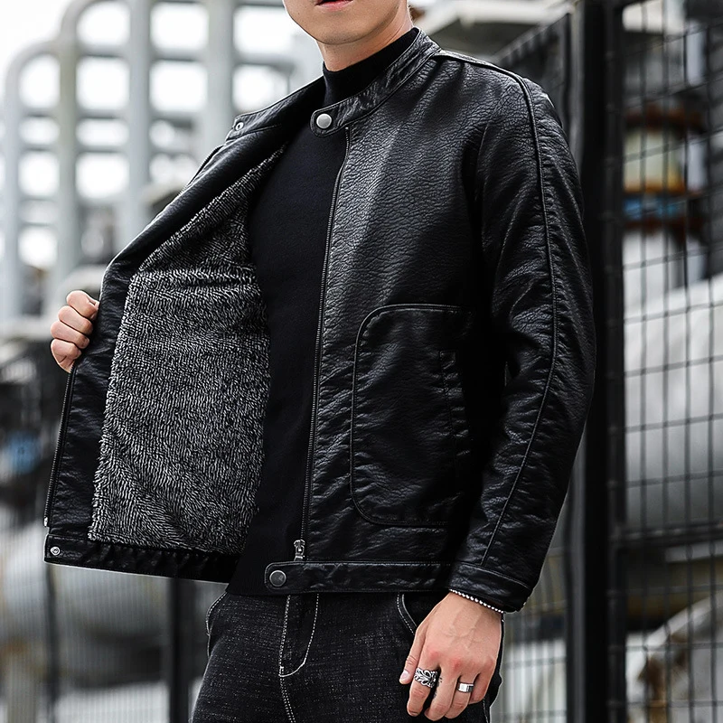 Herren Kunstleder-Blouson mit Stehkragen, Reißverschluss und aufgesetzten Pattentaschen Drune