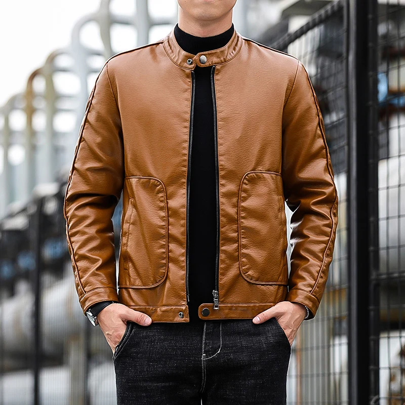 Herren Kunstleder-Blouson mit Stehkragen, Reißverschluss und aufgesetzten Pattentaschen Drune