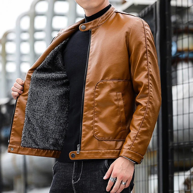 Herren Kunstleder-Blouson mit Stehkragen, Reißverschluss und aufgesetzten Pattentaschen Drune