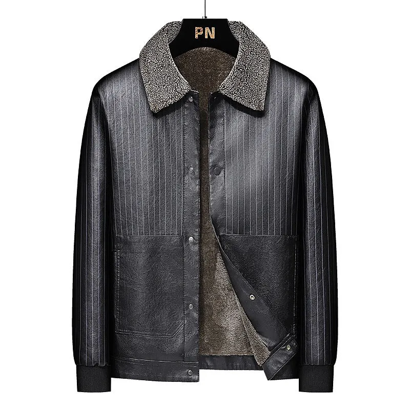 Herren Kunstleder-Blouson mit Sherpa-Kragen, wärmendem Teddyfutter und Nadelstreifen-Detail Drune