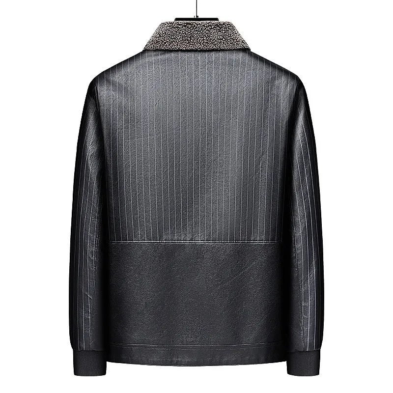 Herren Kunstleder-Blouson mit Sherpa-Kragen, wärmendem Teddyfutter und Nadelstreifen-Detail Drune