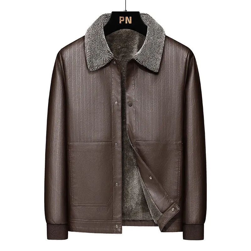 Herren Kunstleder-Blouson mit Sherpa-Kragen, wärmendem Teddyfutter und Nadelstreifen-Detail Drune