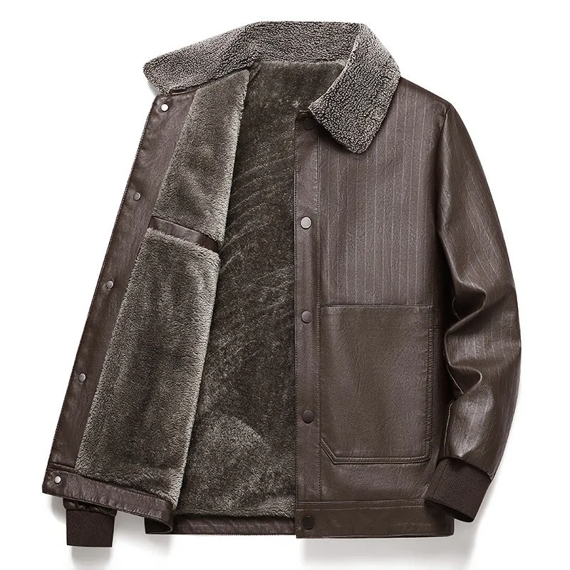 Herren Kunstleder-Blouson mit Sherpa-Kragen, wärmendem Teddyfutter und Nadelstreifen-Detail Drune