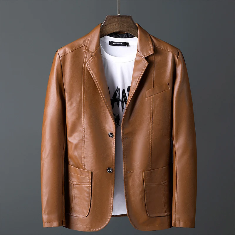 Herren Kunstleder-Blazer im Slim-Fit mit Hemdkragen, Pattentaschen und eleganter Pilot-Silhouette Drune