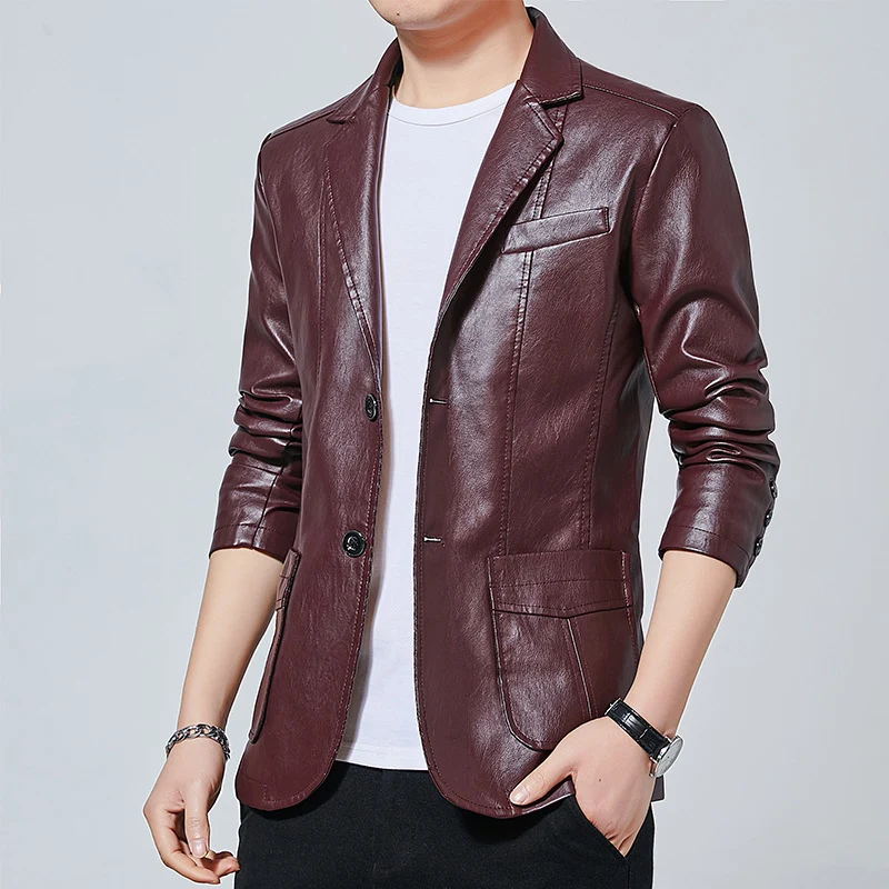 Herren Kunstleder-Blazer im Slim-Fit mit Hemdkragen, Pattentaschen und eleganter Pilot-Silhouette Drune