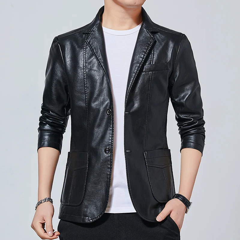 Herren Kunstleder-Blazer im Slim-Fit mit Hemdkragen, Pattentaschen und eleganter Pilot-Silhouette Drune