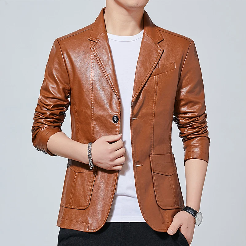 Herren Kunstleder-Blazer im Slim-Fit mit Hemdkragen, Pattentaschen und eleganter Pilot-Silhouette Drune