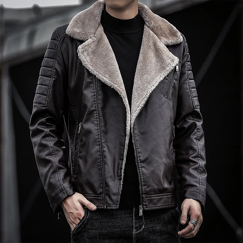 Herren Kunstleder-Bikerjacke mit Teddyfell-Futter und gesteppter Ärmeldetail Drune
