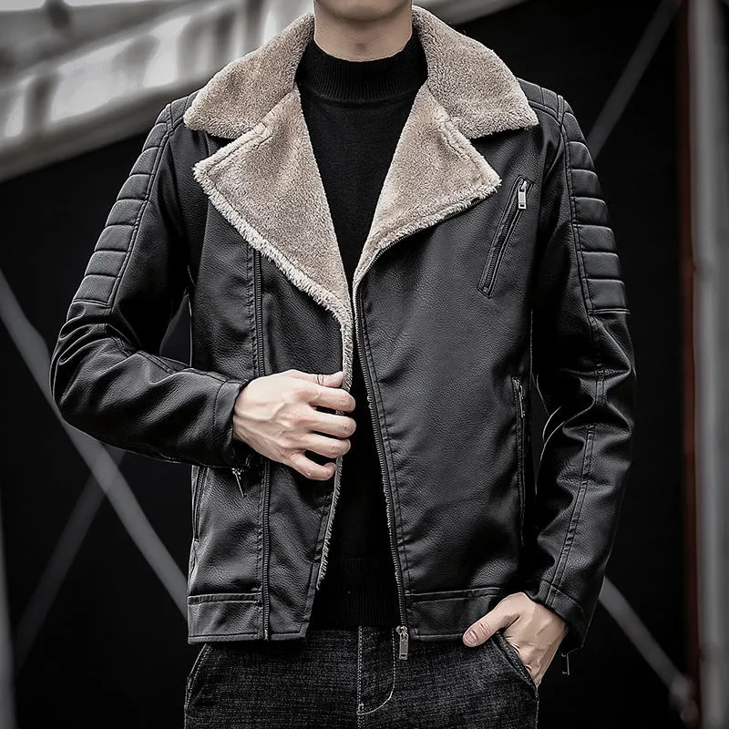 Herren Kunstleder-Bikerjacke mit Teddyfell-Futter und gesteppter Ärmeldetail Drune