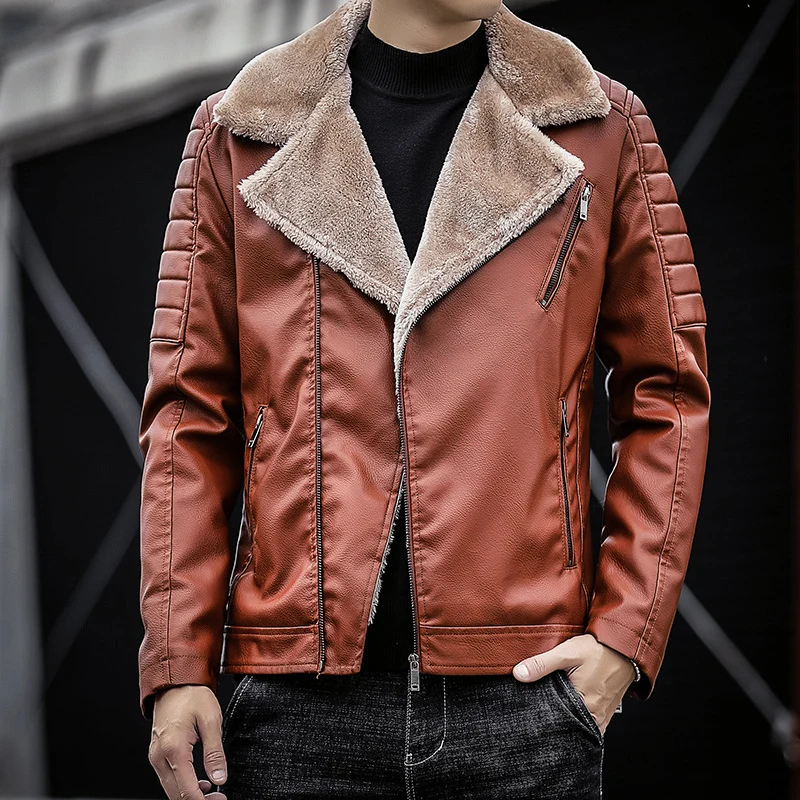 Herren Kunstleder-Bikerjacke mit Teddyfell-Futter und gesteppter Ärmeldetail Drune