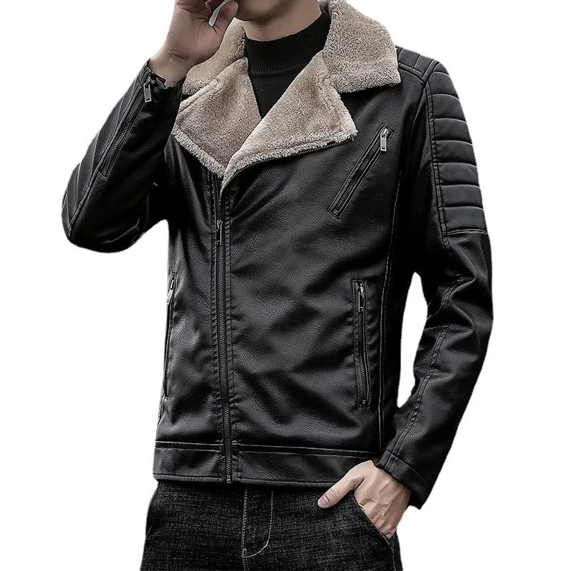 Herren Kunstleder-Bikerjacke mit Teddyfell-Futter und gesteppter Ärmeldetail Drune