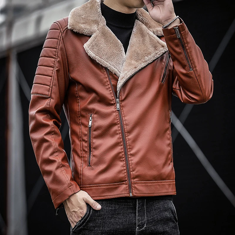 Herren Kunstleder-Bikerjacke mit Teddyfell-Futter und gesteppter Ärmeldetail Drune