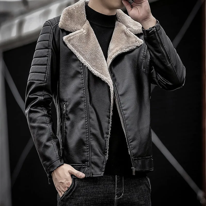 Herren Kunstleder-Bikerjacke mit Teddyfell-Futter und gesteppter Ärmeldetail Drune
