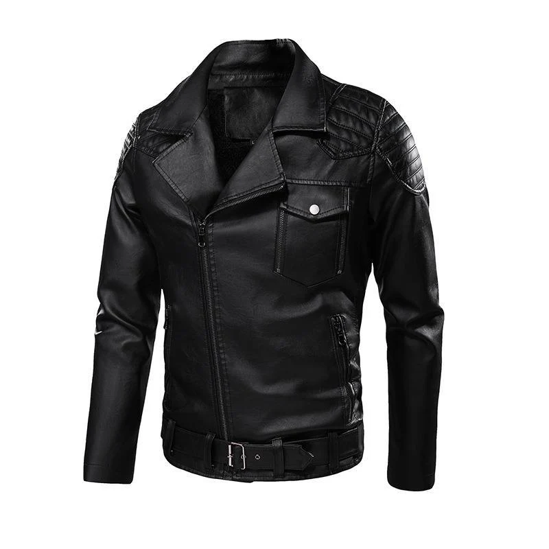 Herren Kunstleder-Bikerjacke mit Schultersteppungen, asymmetrischem Reißverschluss und verstellbarem Taillengürtel Drune