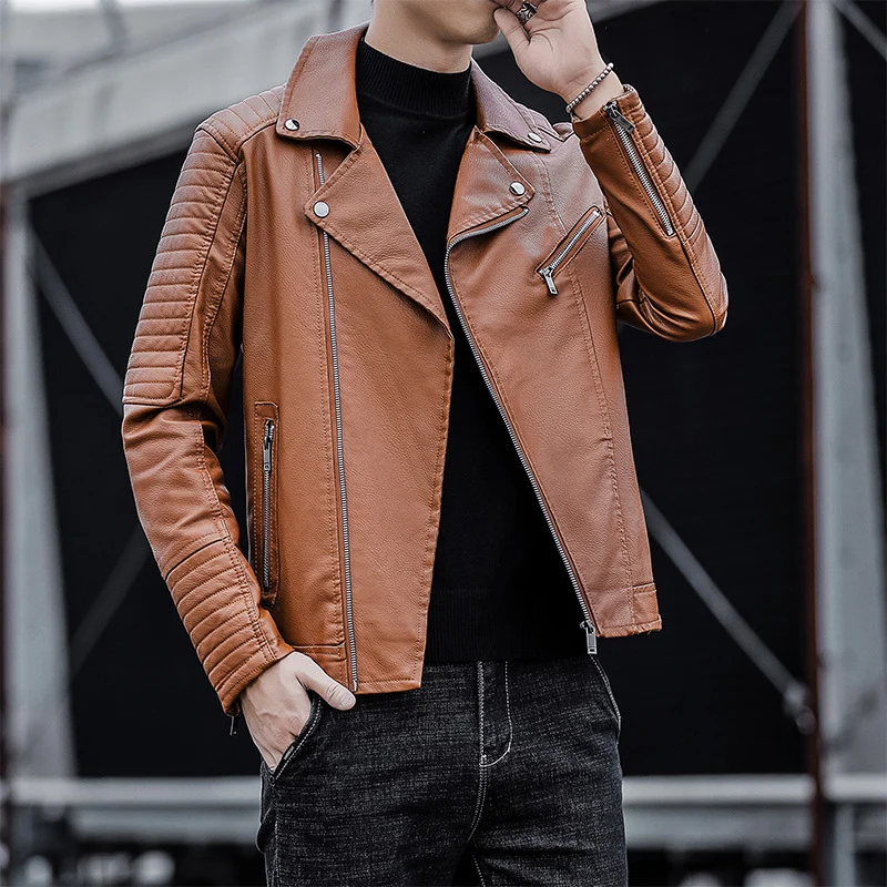 Herren Kunstleder-Bikerjacke mit gesteppter Ärmelpasse, asymmetrischem Reißverschluss und Metallzipper Drune