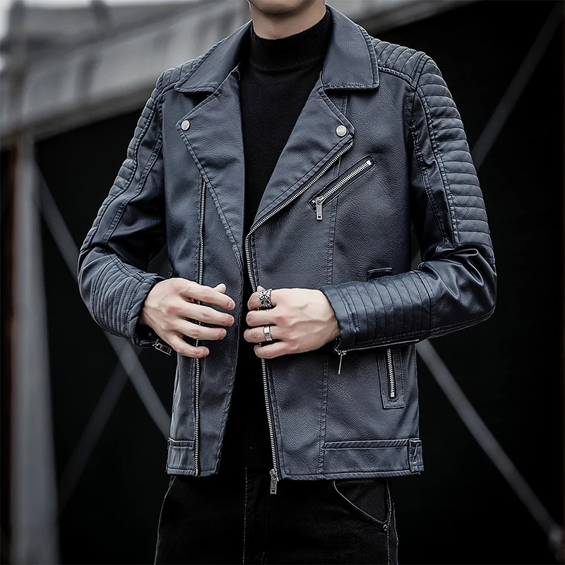 Herren Kunstleder-Bikerjacke mit gesteppter Ärmelpasse, asymmetrischem Reißverschluss und Metallzipper Drune