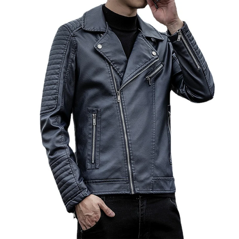 Herren Kunstleder-Bikerjacke mit gesteppter Ärmelpasse, asymmetrischem Reißverschluss und Metallzipper Drune
