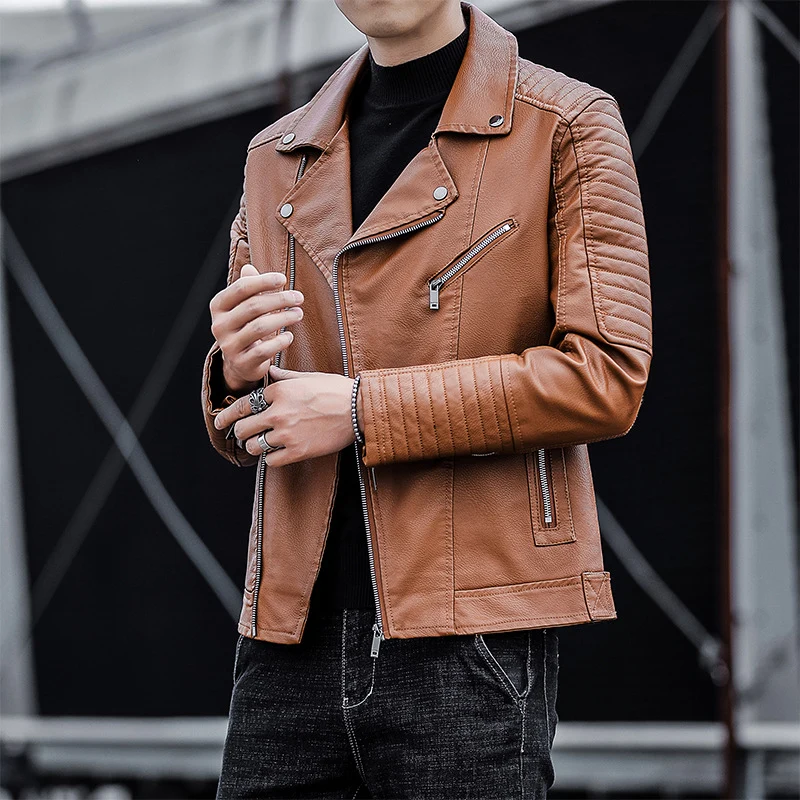 Herren Kunstleder-Bikerjacke mit gesteppter Ärmelpasse, asymmetrischem Reißverschluss und Metallzipper Drune