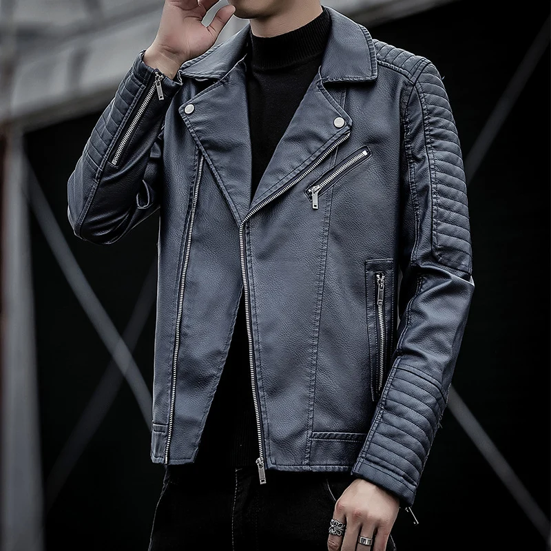 Herren Kunstleder-Bikerjacke mit gesteppter Ärmelpasse, asymmetrischem Reißverschluss und Metallzipper Drune