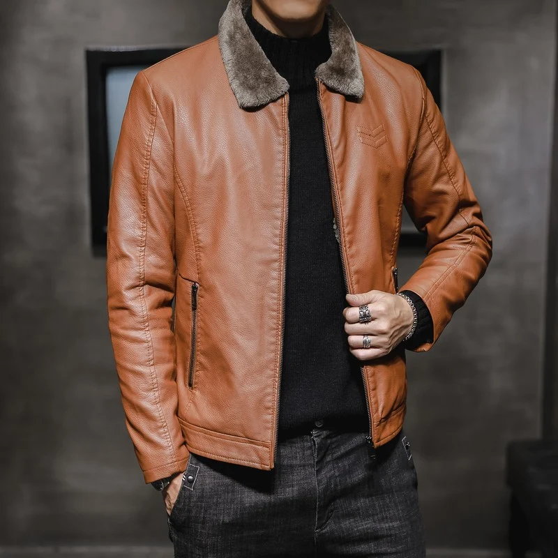 Herren Kunstleder Aviatorblouson mit Sherpa‑Kragen und schlanker Passform Drune
