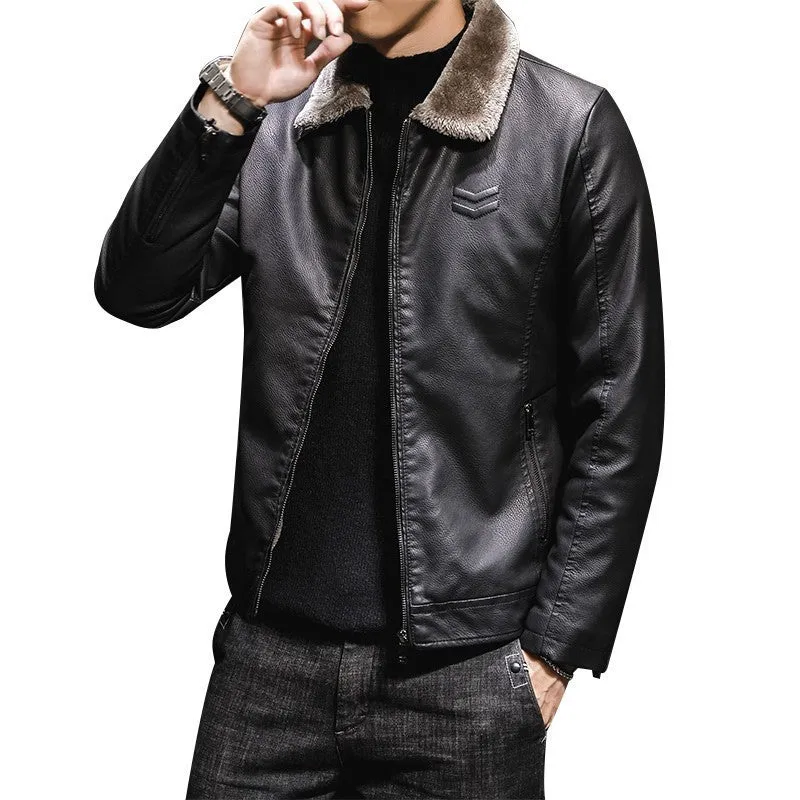 Herren Kunstleder Aviatorblouson mit Sherpa‑Kragen und schlanker Passform Drune