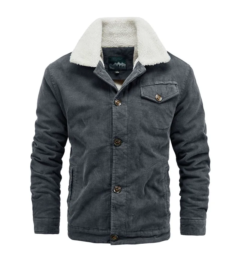 Herren Kordjacke im Truckerstil mit kuscheliger Sherpa‑Innenlage und Vintage‑Knöpfen Drune