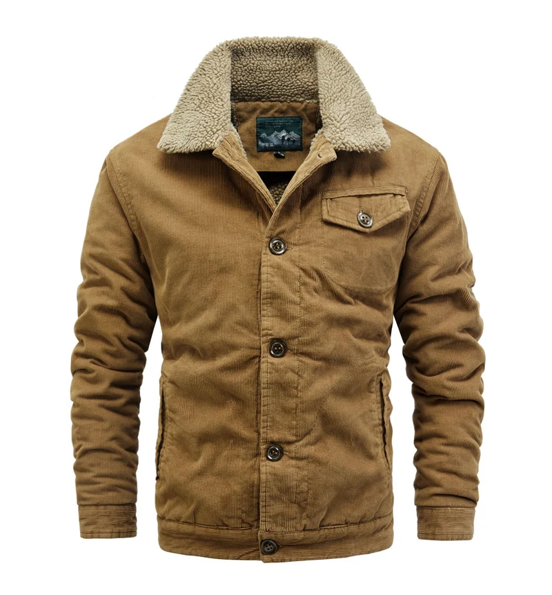 Herren Kordjacke im Truckerstil mit kuscheliger Sherpa‑Innenlage und Vintage‑Knöpfen Drune