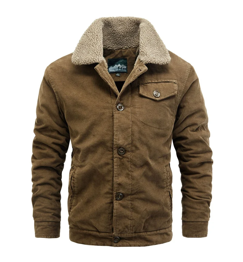 Herren Kordjacke im Truckerstil mit kuscheliger Sherpa‑Innenlage und Vintage‑Knöpfen Drune