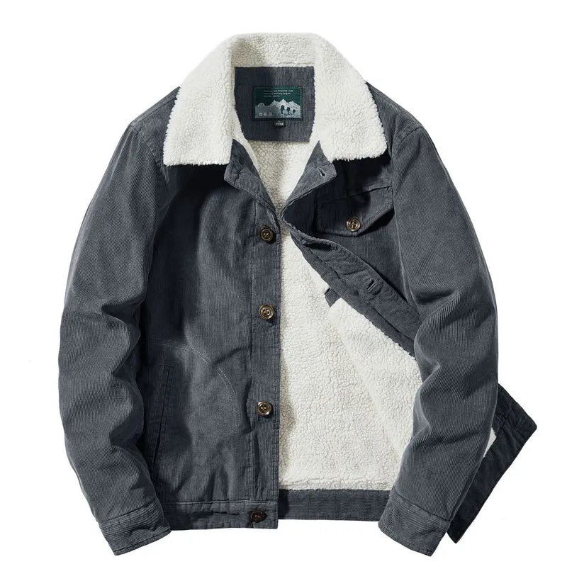 Herren Kordjacke im Truckerstil mit kuscheliger Sherpa‑Innenlage und Vintage‑Knöpfen Drune