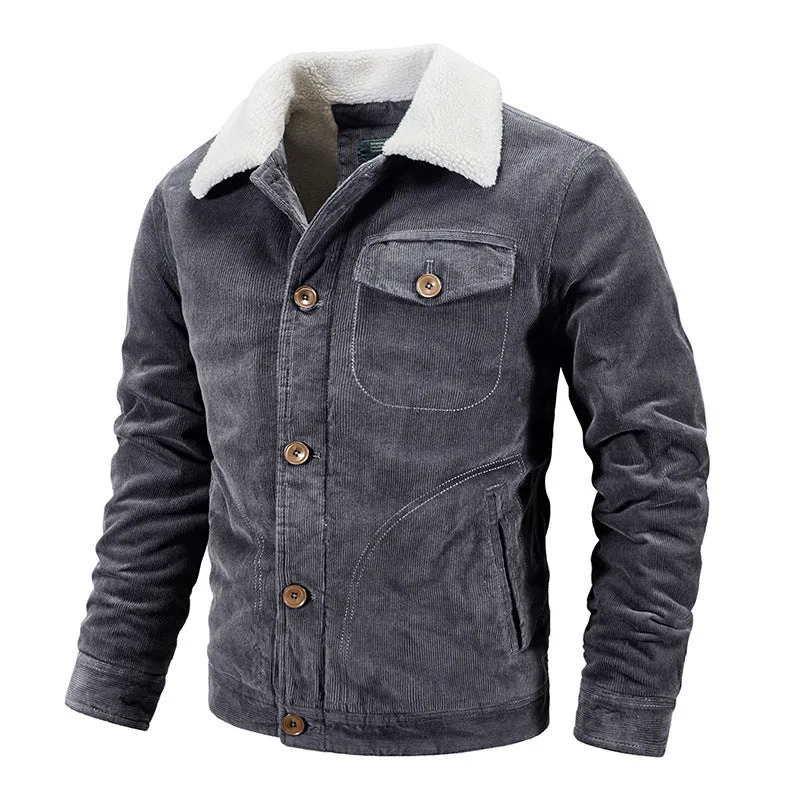 Herren Kord-Workerjacke mit Sherpa-Kragen, knöpfbarer Front und vintage Arbeitsdetails Drune