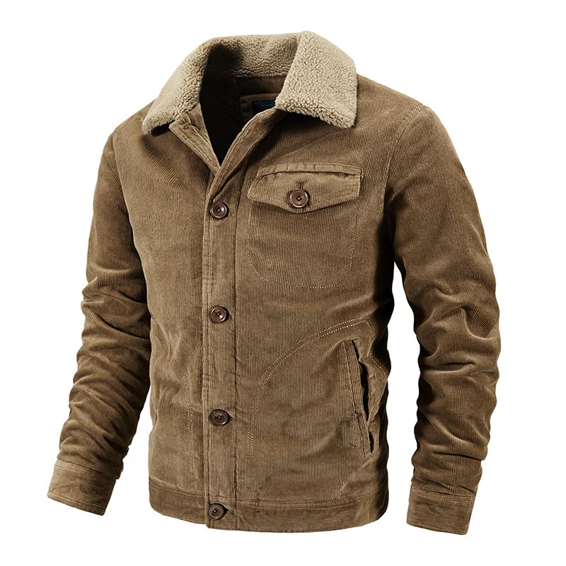 Herren Kord-Workerjacke mit Sherpa-Kragen, knöpfbarer Front und vintage Arbeitsdetails Drune