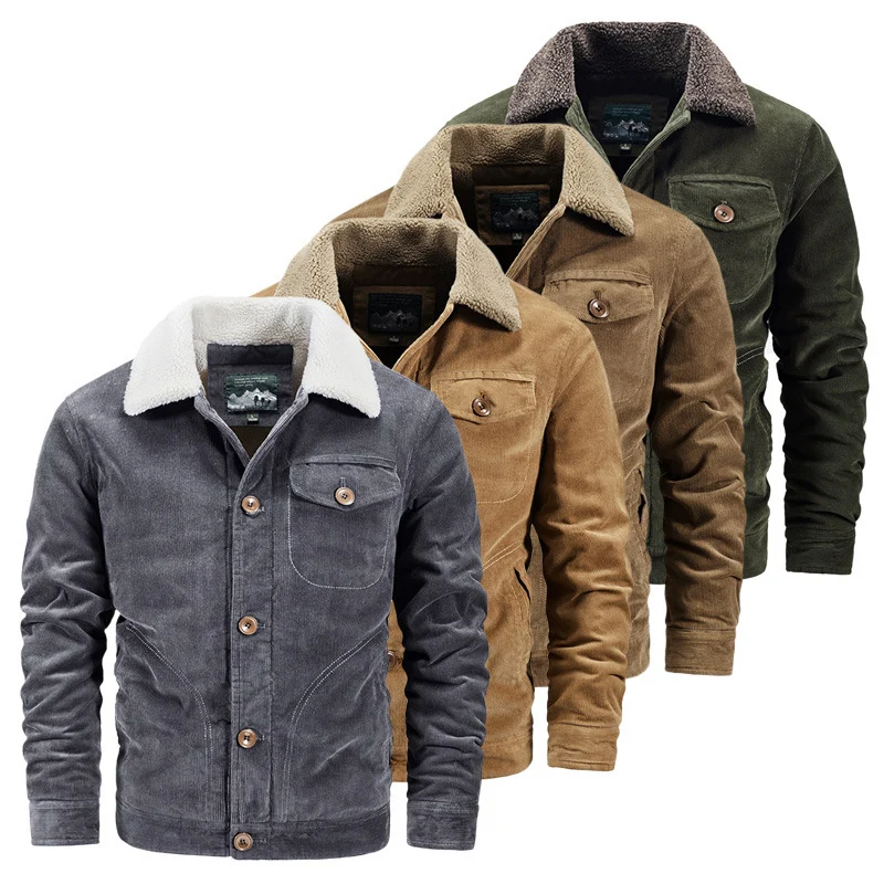 Herren Kord-Workerjacke mit Sherpa-Kragen, knöpfbarer Front und vintage Arbeitsdetails Drune