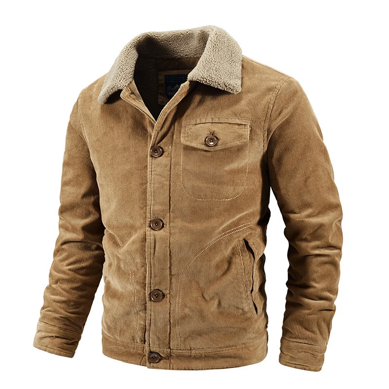 Herren Kord-Workerjacke mit Sherpa-Kragen, knöpfbarer Front und vintage Arbeitsdetails Drune