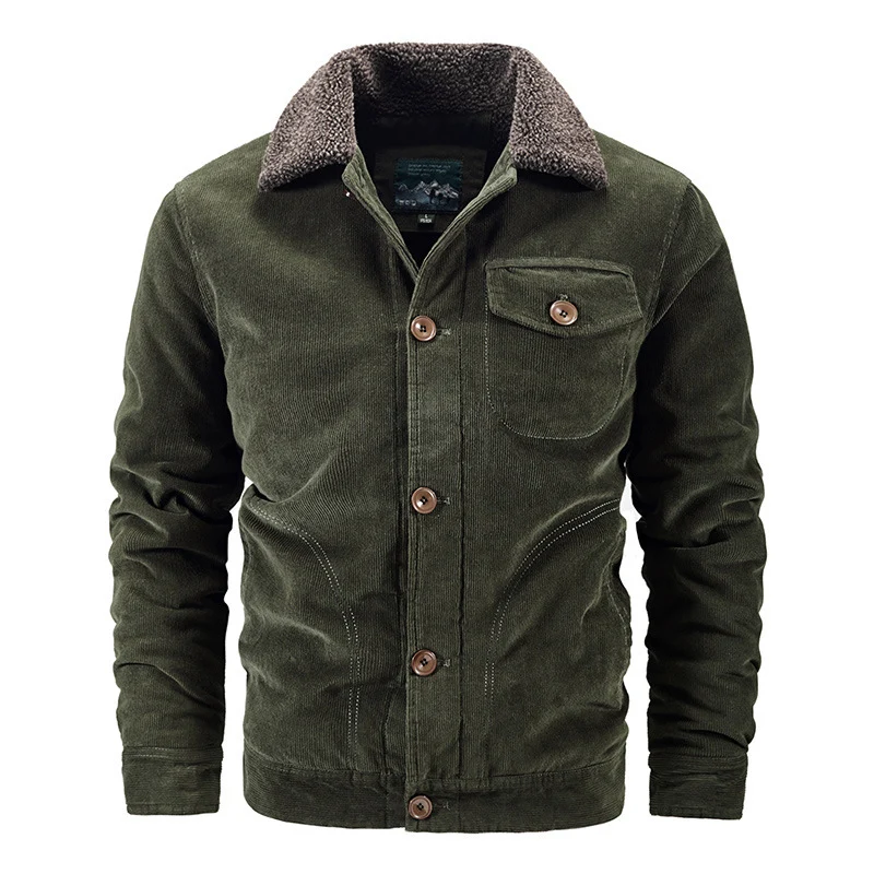 Herren Kord-Workerjacke mit Sherpa-Kragen, knöpfbarer Front und vintage Arbeitsdetails Drune
