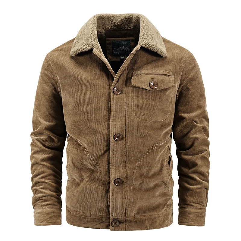 Herren Kord-Workerjacke mit Sherpa-Kragen, knöpfbarer Front und vintage Arbeitsdetails Drune