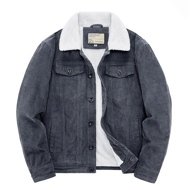 Herren Kord-Workerjacke mit durchgehendem Teddyfutter, Hemdkragen und Brusttasche Drune