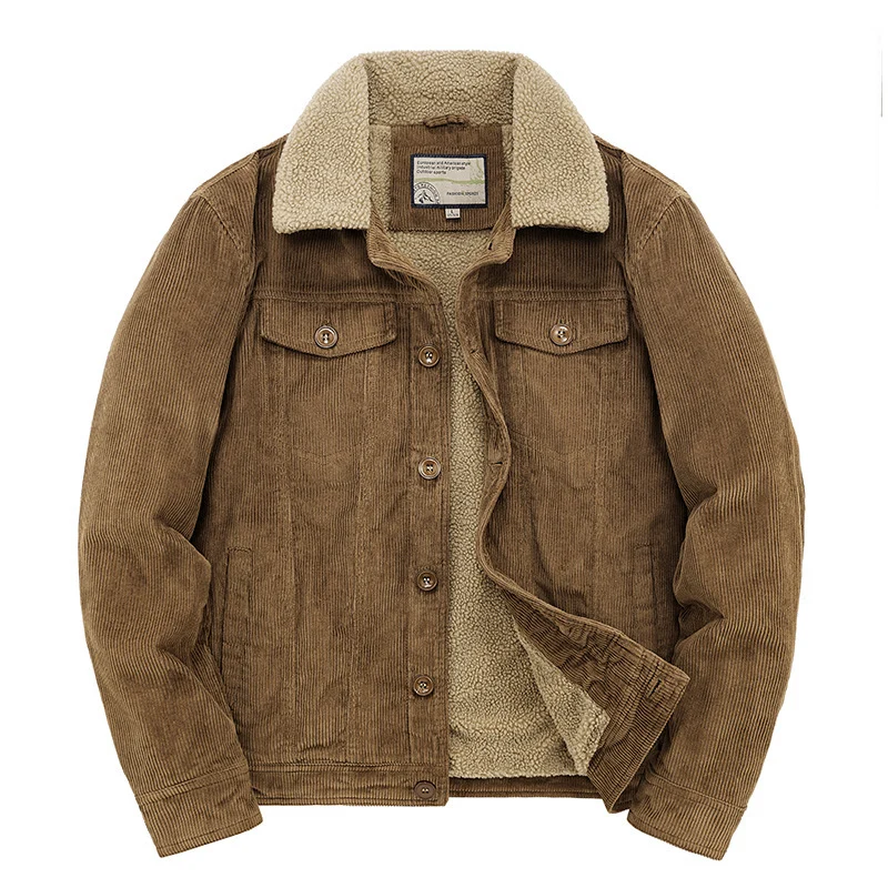 Herren Kord-Workerjacke mit durchgehendem Teddyfutter, Hemdkragen und Brusttasche Drune