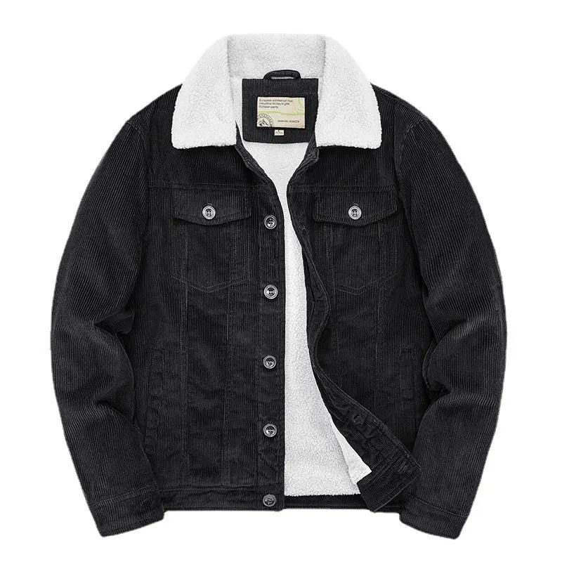 Herren Kord-Workerjacke mit durchgehendem Teddyfutter, Hemdkragen und Brusttasche Drune