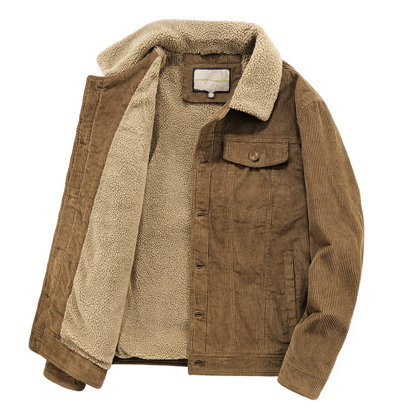 Herren Kord-Workerjacke mit durchgehendem Teddyfutter, Hemdkragen und Brusttasche Drune
